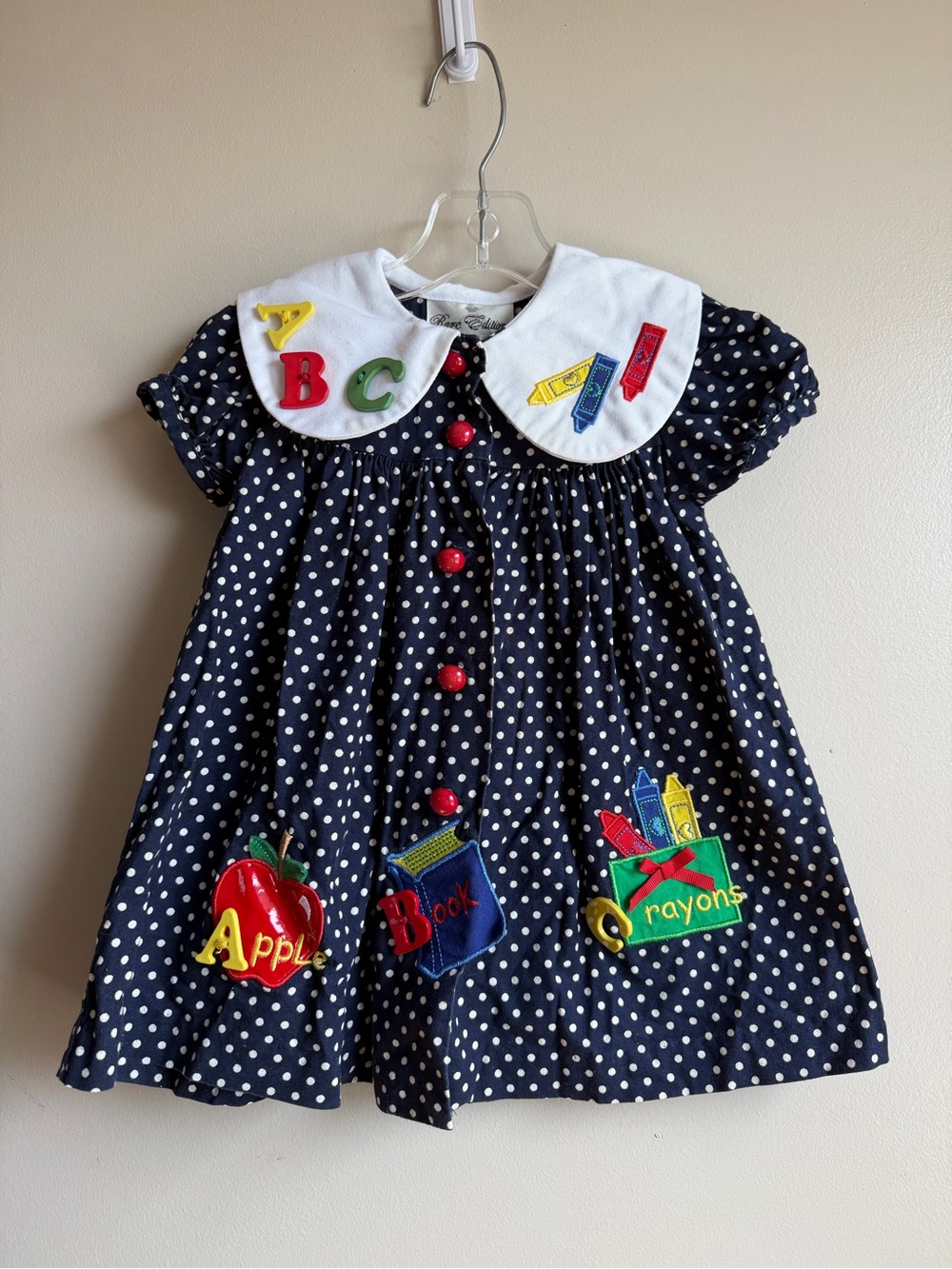 Vintage School Days Navy Polka Dot Dress Peter Pan Collar ABC Apple 12M